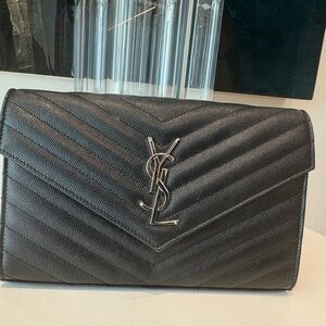 SAINT LAURENT Monogram Quilted Black Leather Wallet Bag on Chain